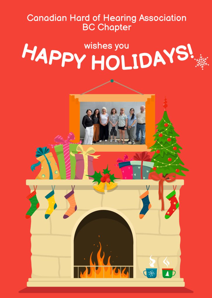 A graphic of fireplace with a photo frame above it. he photoframe includes a photo of CHA BC Board Member. The text says, "CHHA BC wishes you Happy Holidays!"